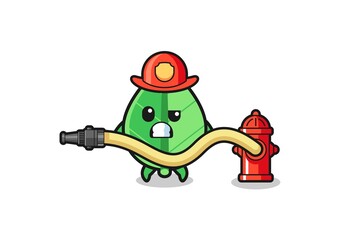 leaf cartoon as firefighter mascot with water hose
