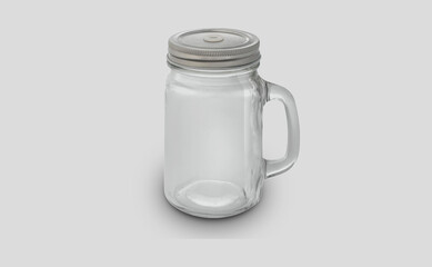 Realistic blank glass mug with lid mockup isolated on white background. 3D rendering, perfect for tea, coffee, beverage branding, café identity, product presentation, transparent glassware template.