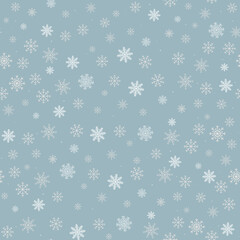 Winter blue background with snowflakes seamless pattern. White snowflakes on blue background. Vector snowflakes scattered pattern.