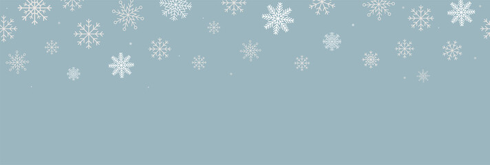 Winter blue background with snowflakes horizontal seamless pattern. White snowflakes on blue background. Vector snowflakes scattered banner. copy space for your text.