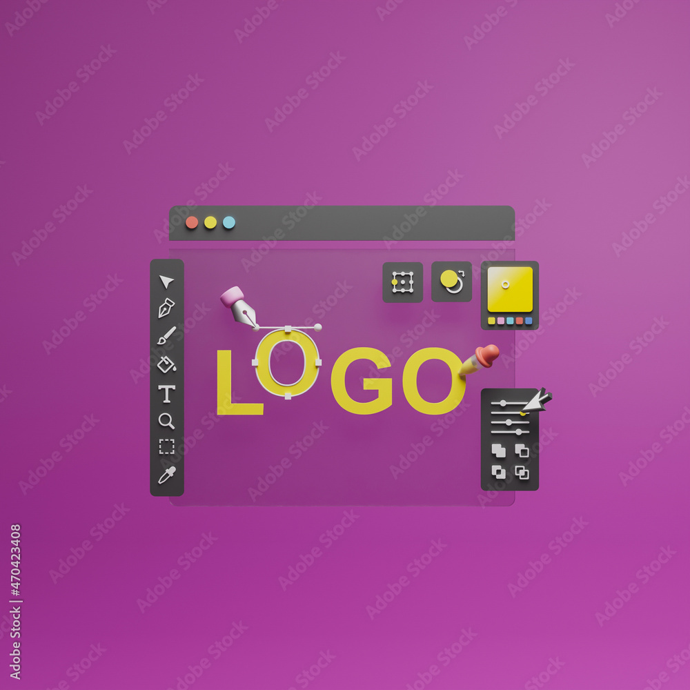 Fototapete Graphic designer creative creator design logo artwork curve pen tool illustration equipment icons digital computer display workspace. Graphic design software. 3d rendering.