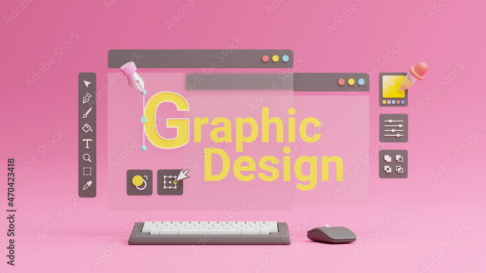 Fototapete Graphic designer creative creator design logo artwork curve pen tool illustration equipment icons digital computer display workspace. Graphic design software. 3d rendering.