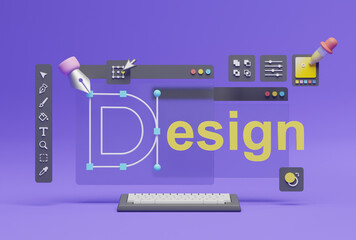Graphic designer creative creator design logo artwork curve pen tool illustration equipment icons digital computer display workspace. Graphic design software. 3d rendering.