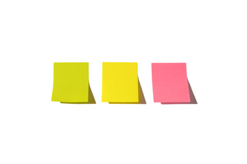 Three sheets of note papers, ready for your message. Sticky notes isolated on white background....