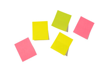Five sheets of note papers, ready for your message. Sticky notes isolated on white background. Pink, green and yellow colors. Copy space.