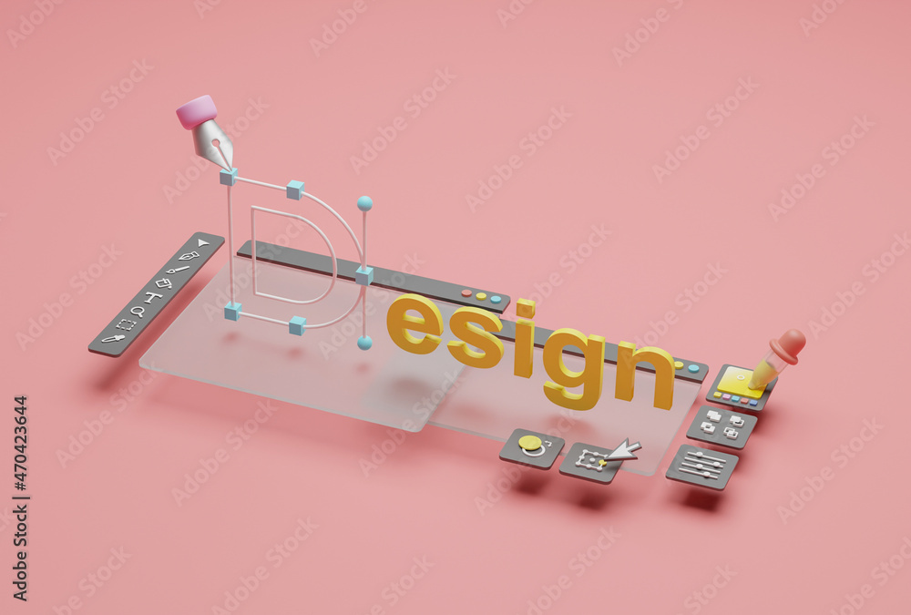 Fototapete Graphic designer creative creator design logo artwork curve pen tool illustration equipment icons digital computer display workspace. Graphic design software. 3d rendering.