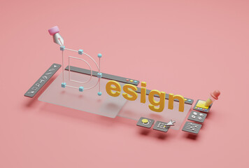 Graphic designer creative creator design logo artwork curve pen tool illustration equipment icons digital computer display workspace. Graphic design software. 3d rendering.