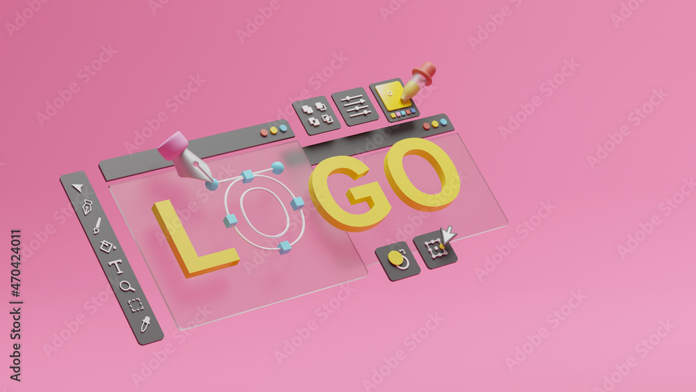 Fototapete Graphic designer creative creator design logo artwork curve pen tool illustration equipment icons digital computer display workspace. Graphic design software. 3d rendering.