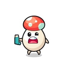 mushroom mascot having asthma while holding the inhaler