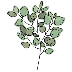 Hand drawn botany branch leaves line art with coloring filling. Minimal abstract black contour sketchy plant with green colored foliage. Floral garden design element. Vector illustration.