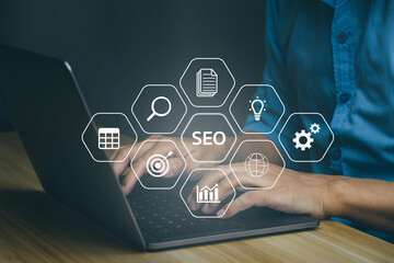 Businessman working with laptop, SEO search engine optimization concept diagram with icon.