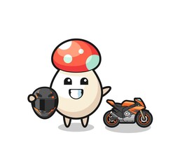 cute mushroom cartoon as a motorcycle racer