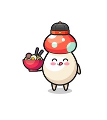 mushroom as Chinese chef mascot holding a noodle bowl