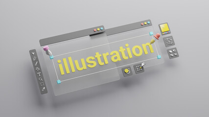 Graphic designer creative creator design logo artwork curve pen tool illustration equipment icons digital computer display workspace. Graphic design software. 3d rendering.