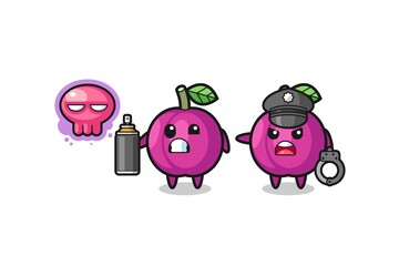 plum fruit cartoon doing vandalism and caught by the police