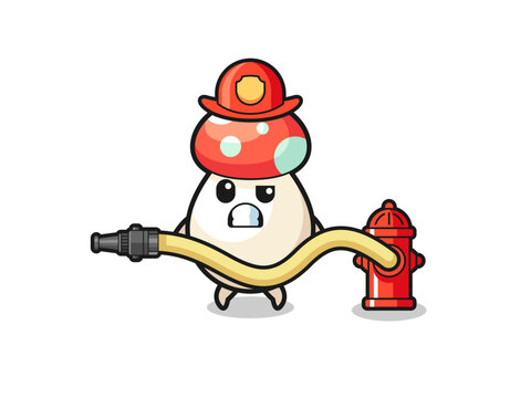 mushroom cartoon as firefighter mascot with water hose