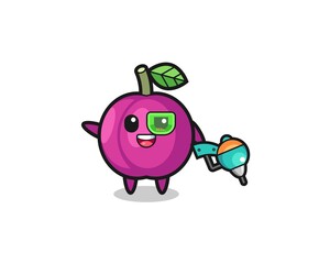 plum fruit cartoon as future warrior mascot