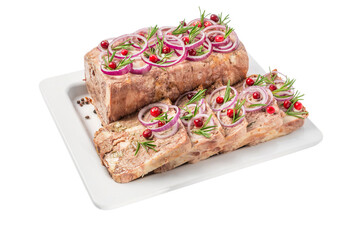 Sliced ham hock jelly terrine with cranberry, rosemary and onion in a plate isolated on white...