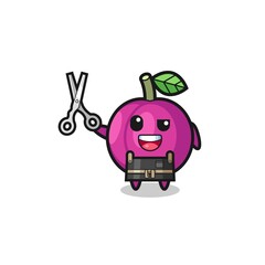 plum fruit character as barbershop mascot