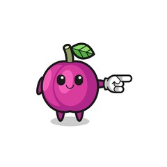 plum fruit mascot with pointing right gesture