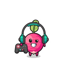 radish gamer mascot holding a game controller