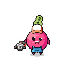 the woodworker radish mascot holding a circular saw