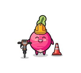 road worker mascot of radish holding drill machine