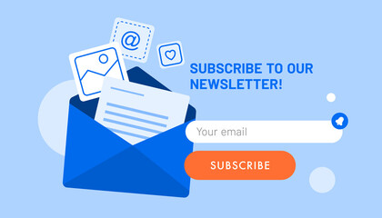 Newsletter subscription banner. Vector illustration for online marketing and business. Open envelope with different documents and photos flying out. Template for mailing and newsletter. - obrazy, fototapety, plakaty