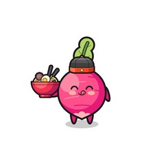 radish as Chinese chef mascot holding a noodle bowl