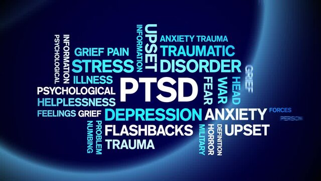PTSD Animated tag word cloud;text design animation kinetic typography seamless loop.