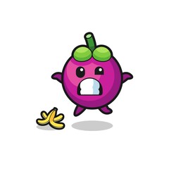 mangosteen cartoon is slip on a banana peel