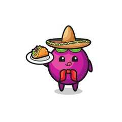 mangosteen Mexican chef mascot holding a taco