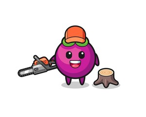 mangosteen lumberjack character holding a chainsaw