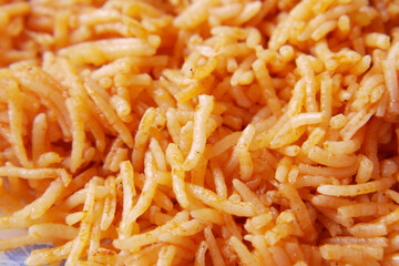 cooked rice in a bowl on table, close up,