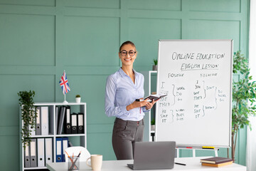 Young female teacher explaining grammar, giving English lesson from office interior, standing near...