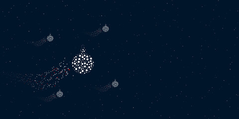Fototapeta na wymiar A Christmas tree toy filled with dots flies through the stars leaving a trail behind. There are four small symbols around. Vector illustration on dark blue background with stars