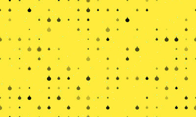 Seamless background pattern of evenly spaced black Christmas tree toys of different sizes and opacity. Vector illustration on yellow background with stars