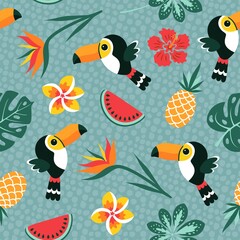 Tropical seamless pattern with toucans, pineapples and beautiful flowers. Vector illustration. © Jellicle