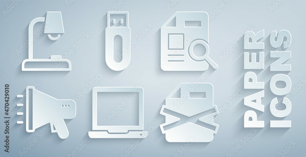Poster set laptop, document with graph chart, megaphone, delete file document, usb flash drive and table la