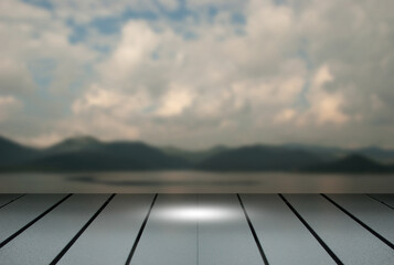 Modern looking wooden tabletop. Space design ideas for trade show, product, design, advertisement, free space for you. Natural looking sky mountain stream background