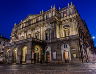 Theatre La Scala in Milan, Italy, by night. One of the most famous Italian buildings - 1778.