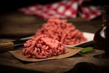 Fresh Minced Meat on vintage wooden background