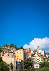 Ventimiglia village in Italy, Liguria Region, with a blue sky