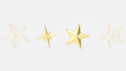 Set of various golden stars on white background, isolated. Design star element for using in your design. 3D illustration image.