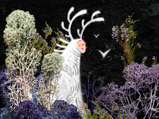 forest spirit in the trees of the giant reindeer lichen and bird