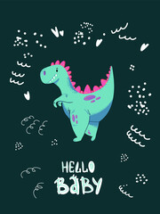 Cute cartoon little dinosaur - vector illustration. Cute simple dino cartoon, hello baby postcard-Great for designing baby clothes.