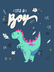 Cute cartoon little dinosaur - vector illustration. Cute simple dino , its a boy postcard-Great for designing baby clothes.
