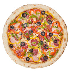 Tasty italian classic original pepperoni pizza. Top view. Isolated on white.