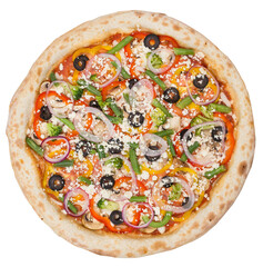 Tasty italian classic original pepperoni pizza. Top view. Isolated on white.
