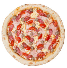 Tasty italian classic original pepperoni pizza. Top view. Isolated on white.